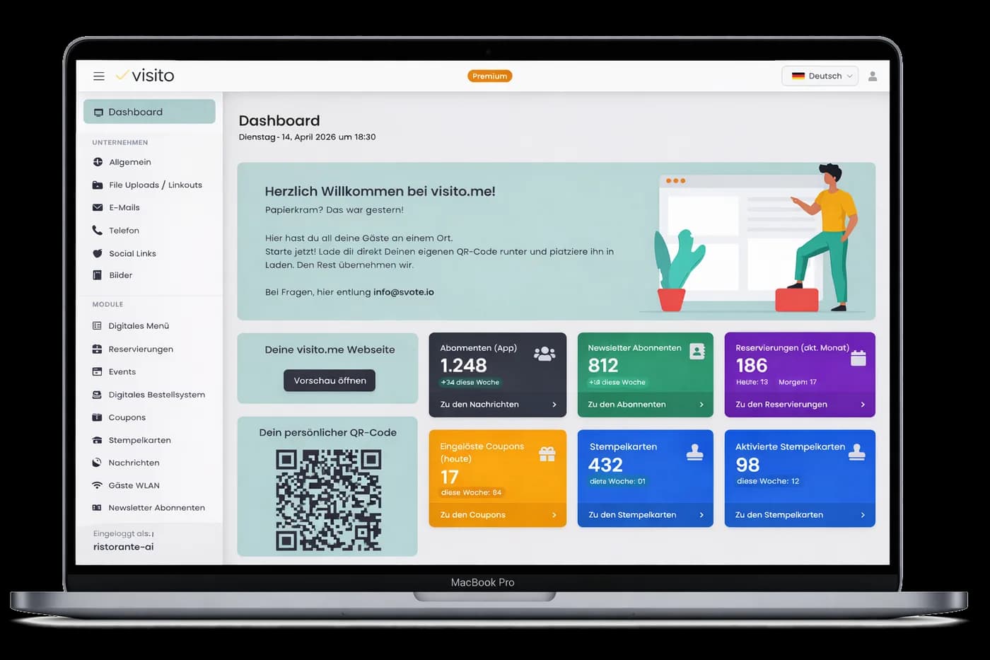 Dashboard-Vorschau der visito.me Plattform