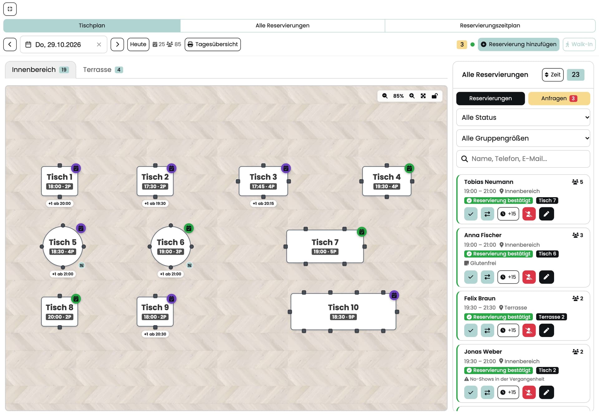 Live-Tischplan im visito Service-Modus mit belegten Tischen